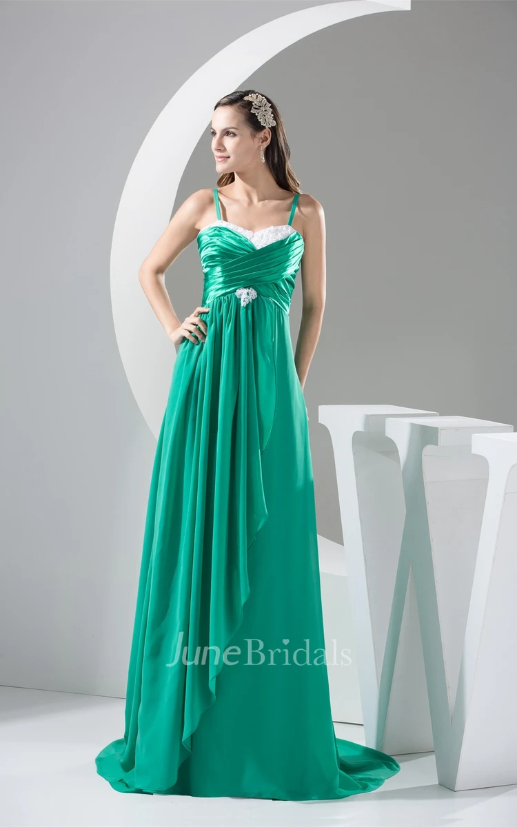 Spaghetti-Straps Chiffon Maxi Dress with Pleats and Broach