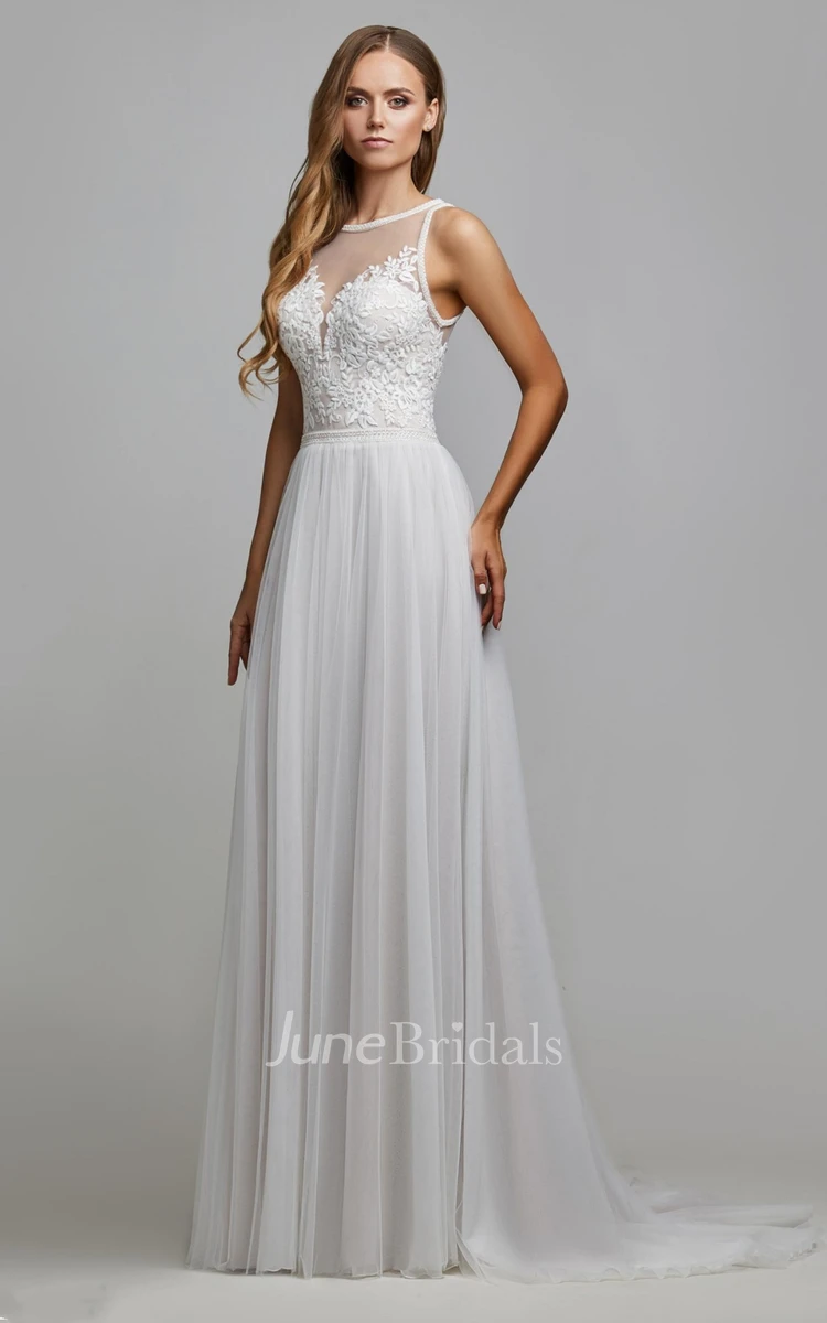 Elegant A Line Tulle Bateau Wedding Gown with Ruching