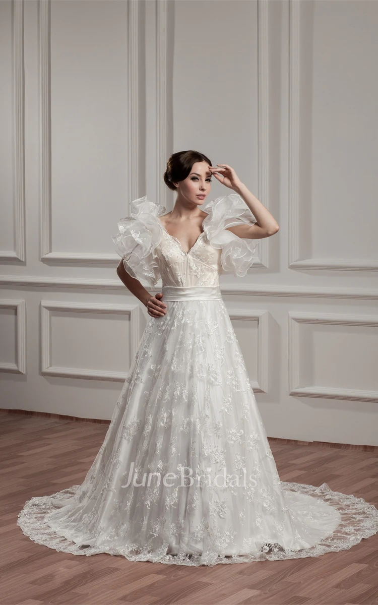 Plunged Ruffled A-Line Gown with Lace and Court Train