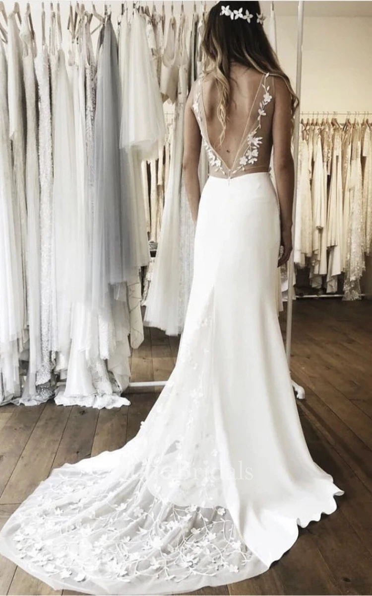 Simple Sleeveless Plunging Stain Gown With Illusion Deep V-back And Lace