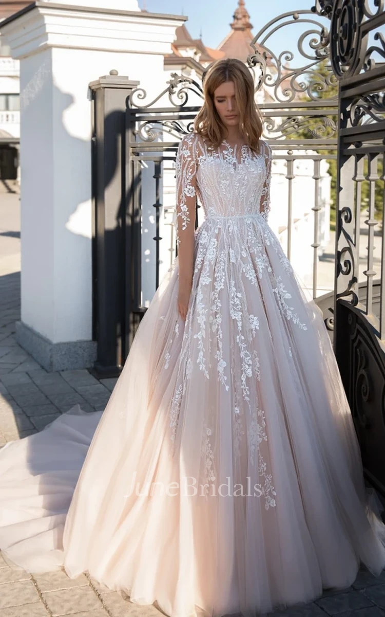 Simple Jewel Long Sleeve Brush Train Tulle Ball Gown Wedding Dress with Appliques