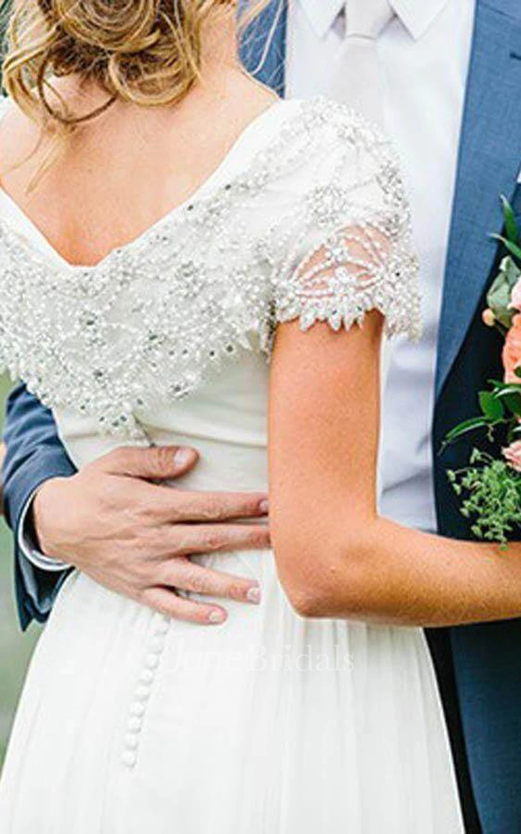 A-Line Chiffon Short Sleeve Wedding Dress Simple Casual Bohemian Elegant Beach Country Garden Bateau