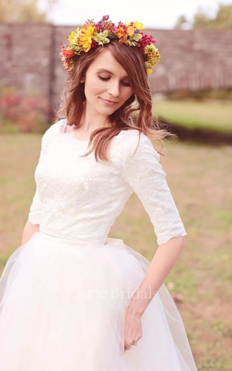 Modest Simple Scoop Lace Tulle Wedding Dress with Elbow Sleeves