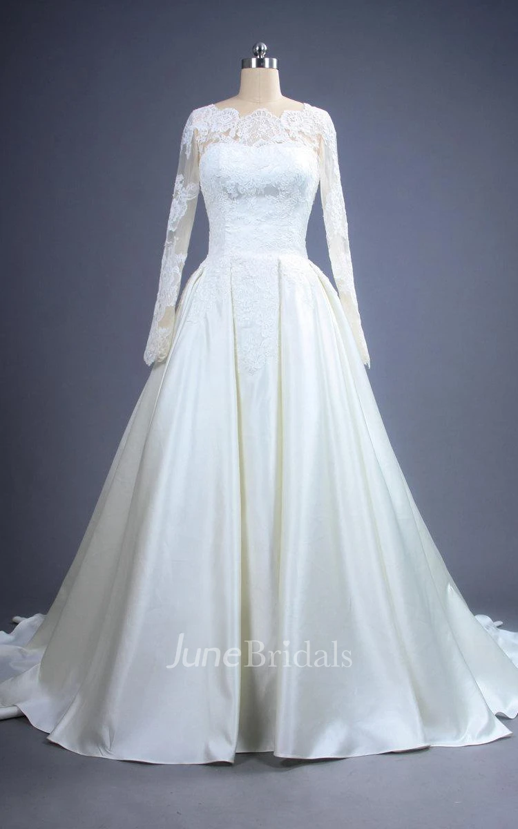 Dreamy Long A-Line Satin Wedding Dress With Lace Bodice