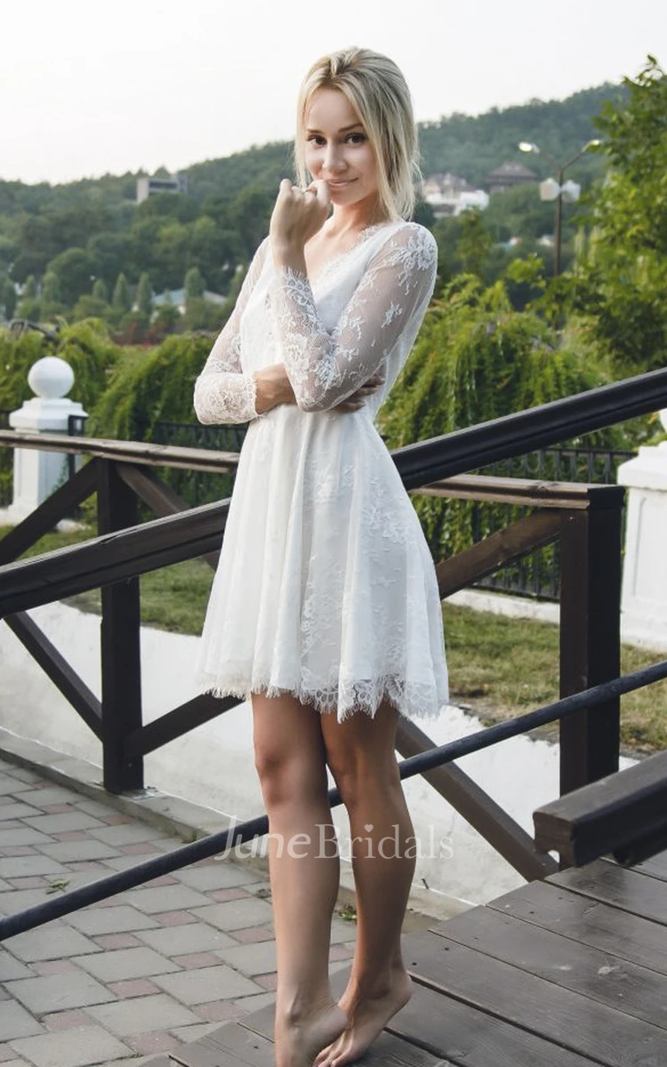 Sexy Lace Short Wedding Dress With Long Sleeve And Deep V-neck