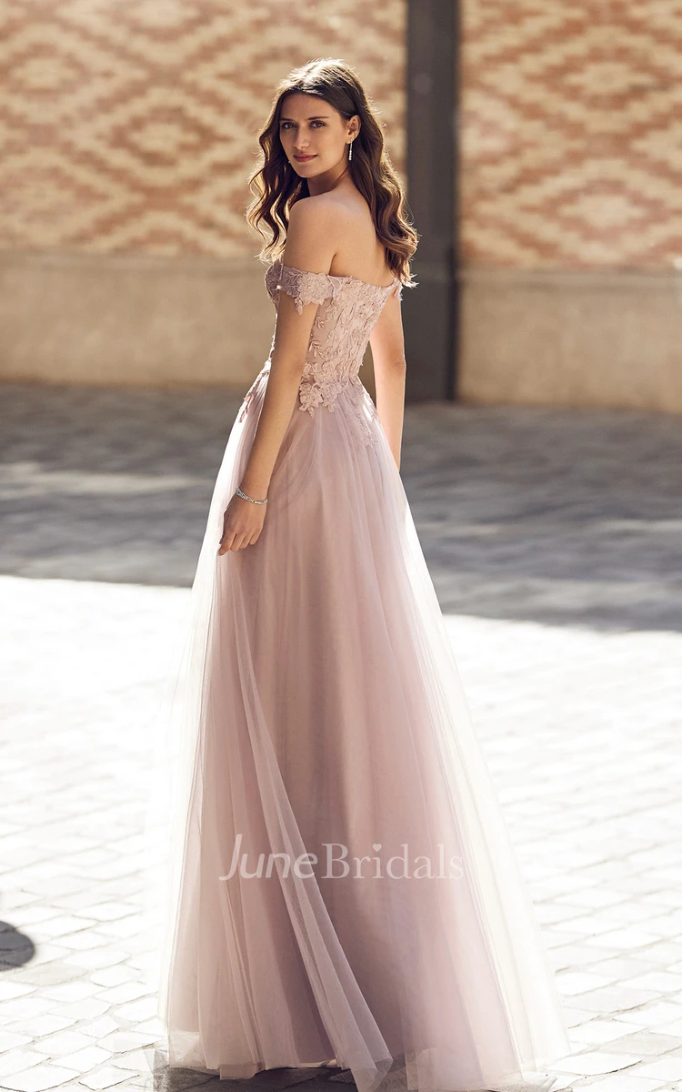 Romantic A-Line Off-the-shoulder Lace Tulle Prom Dress with Split Front