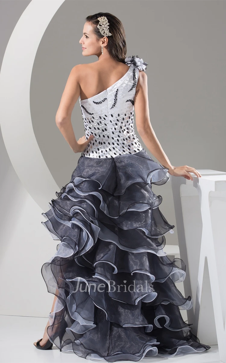 Flowered One-Shoulder Floor-Length A-Line Sleeveless Gown with Cascading Ruffles and Sequins