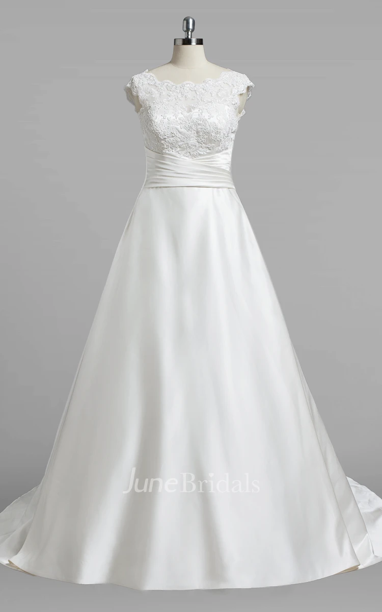 Bateau Neck Cap Sleeve A-Line Satin Wedding Dress With Lce Top