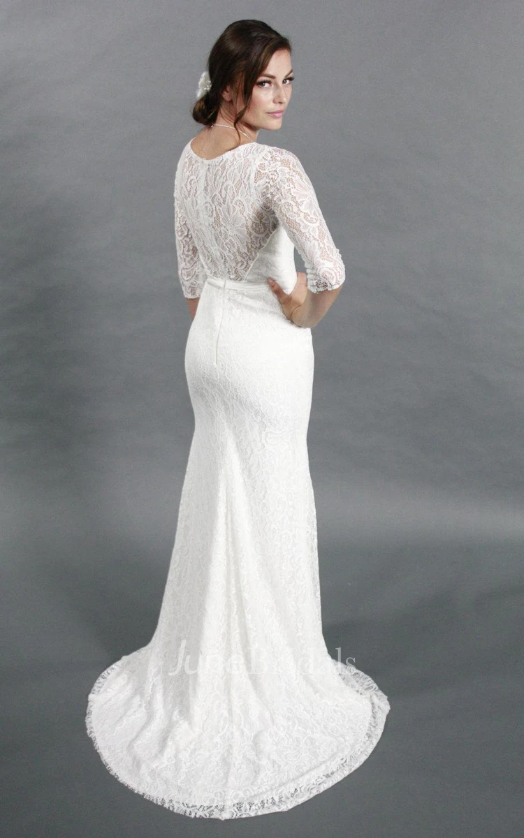 Simple Style Sheath Lace Wedding Dress With Half Sleeves