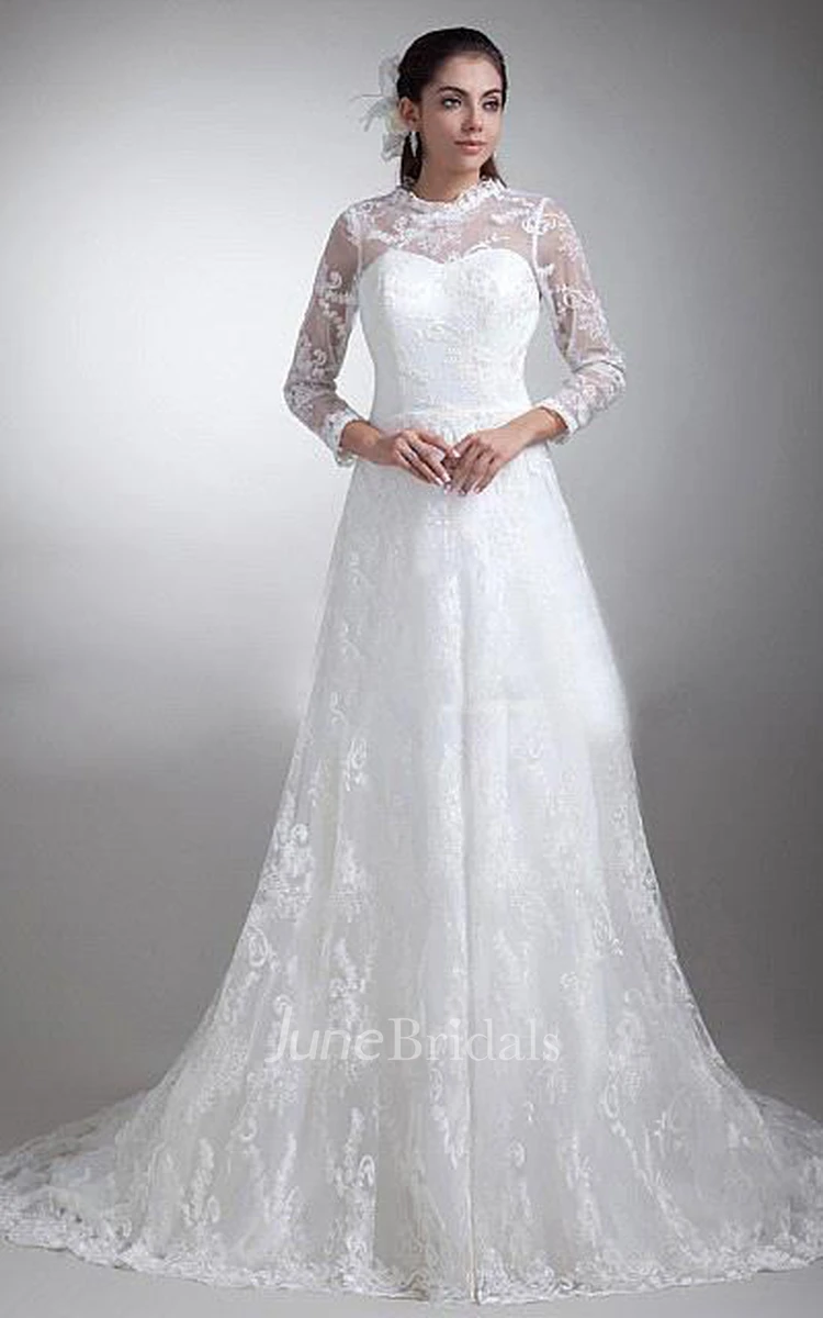Elegant Tulle Lace Illusion Wedding Dress Sweep Train