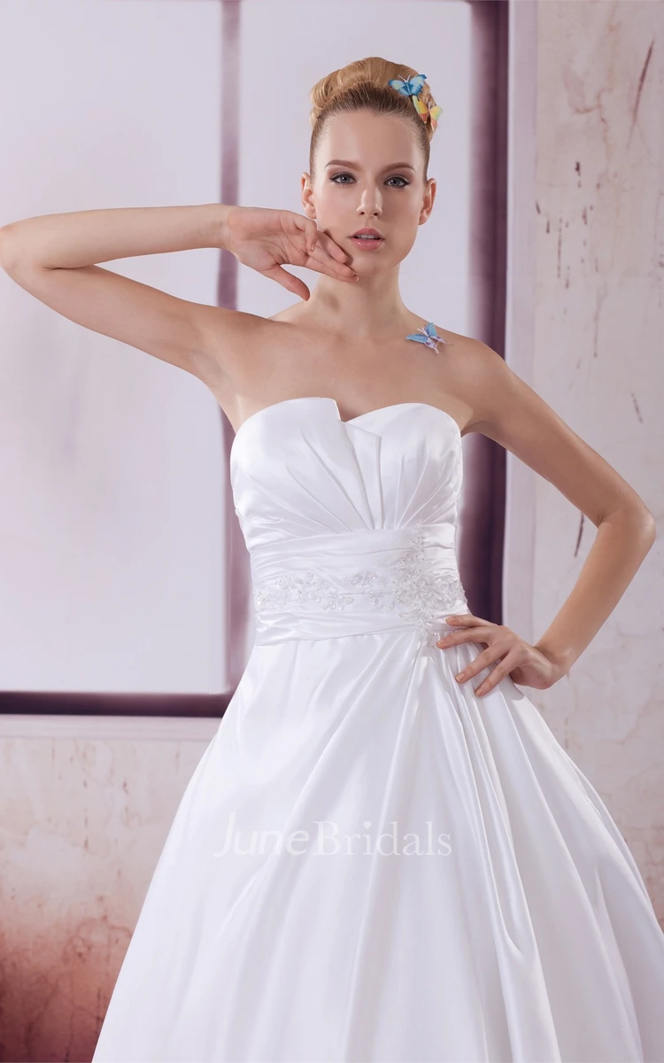 Strapless Ruched A-Line Ball Gown with Pleats and Jeweled Waist