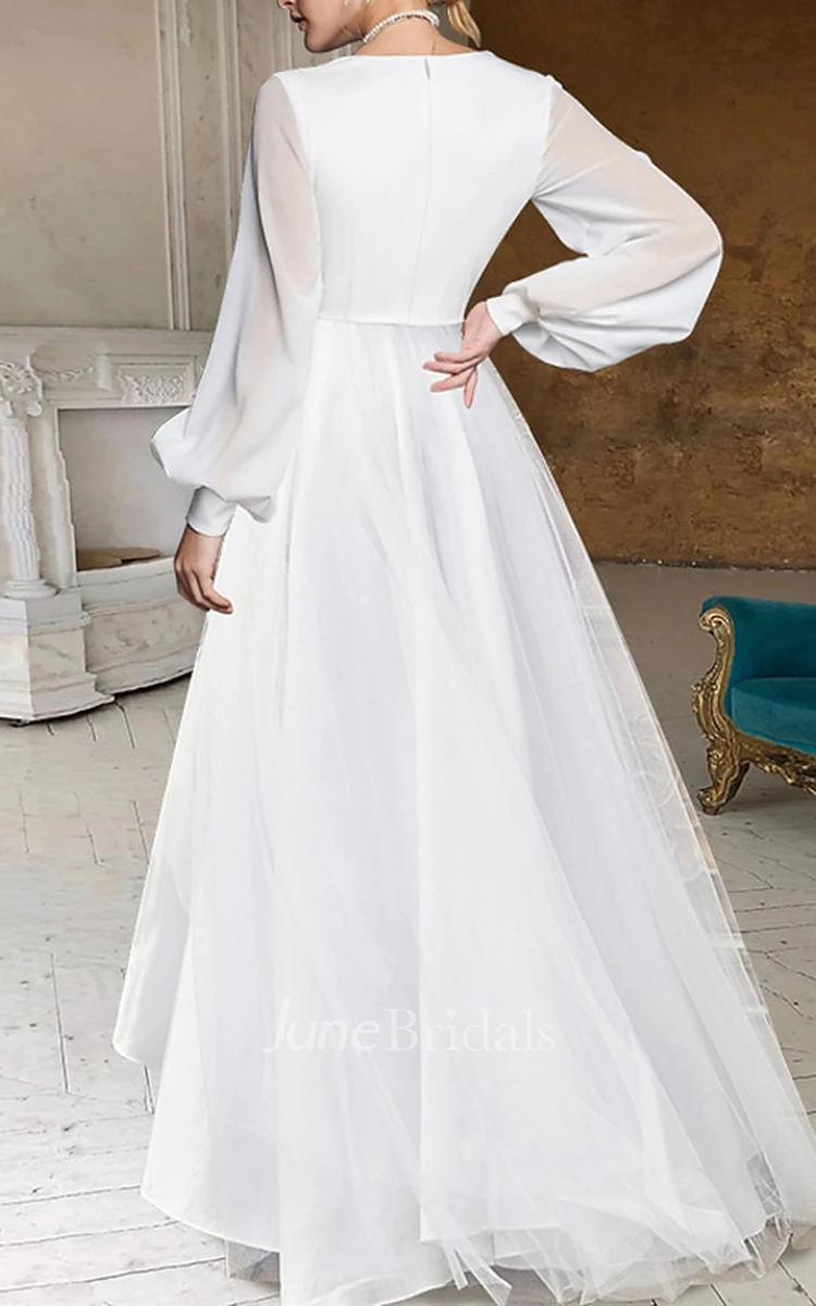 Modest Simple Long Sleeves A-Line V-Neck Wedding Dress Elegant Casual Asymmetrical Chiffon Bridal Gown with Zipper Back