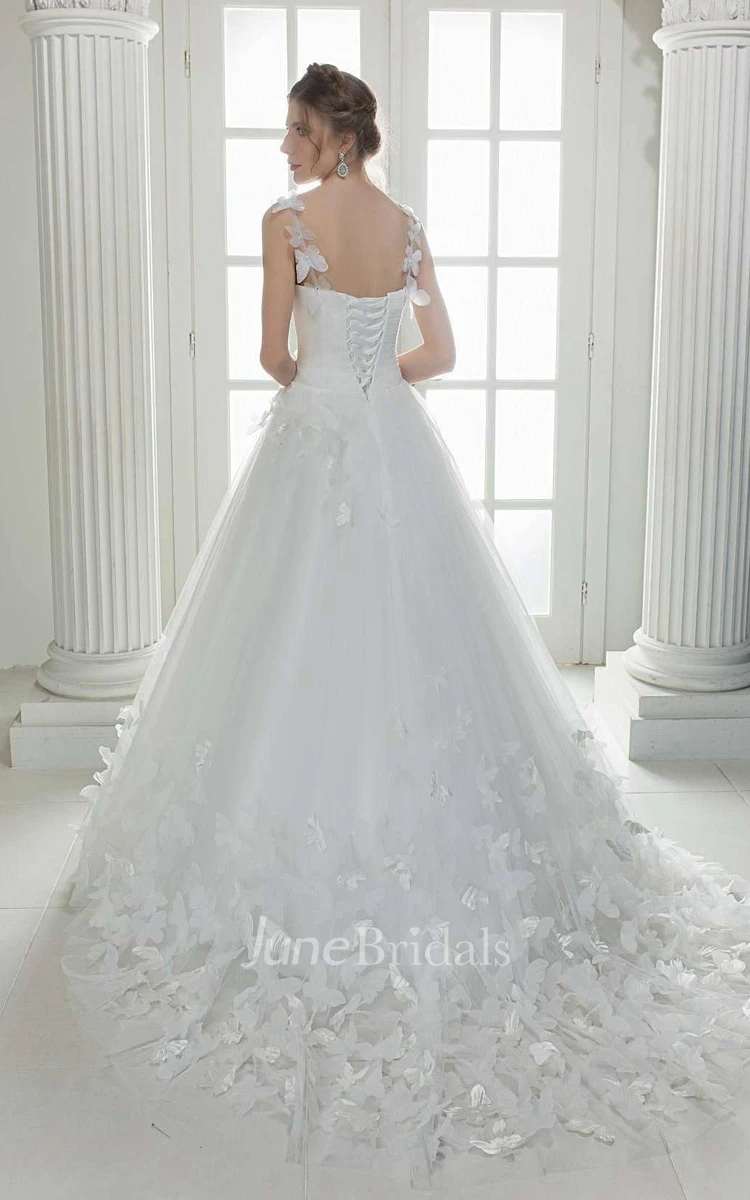Floral A-Line Ball Gown Tulle Satin Wedding Dress With Sweep Train And Lace Up