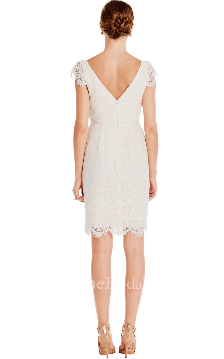 Pencil Mini Cap-Sleeve V-Neck Lace Little White Dress With Low-V Back