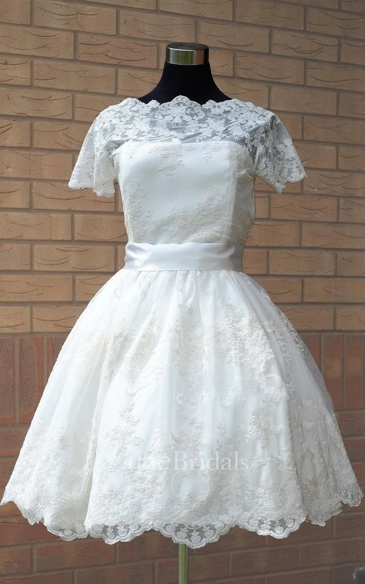 Scalloped Short Satin Wedding Dress With Sash And Illusion Sleeve