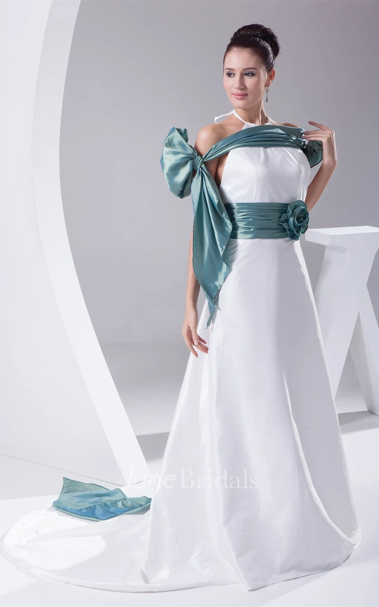 Satin Sleeveless A-Line Gown with Wrap and Flower