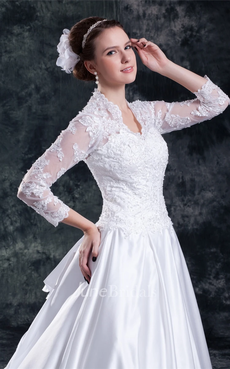 scalloped-neck long-sleeve ball a-line lace gown with court train