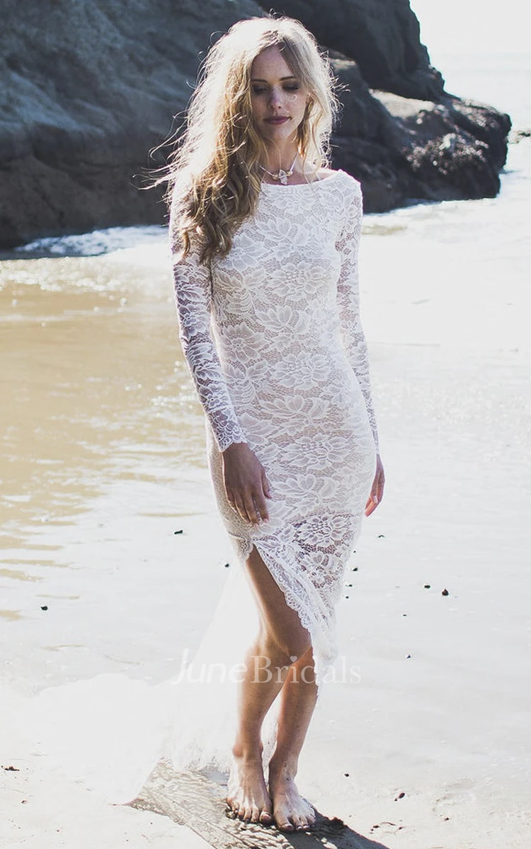 Lace Sheath Fitted Long Sleeve Wedding Dress With Front Split