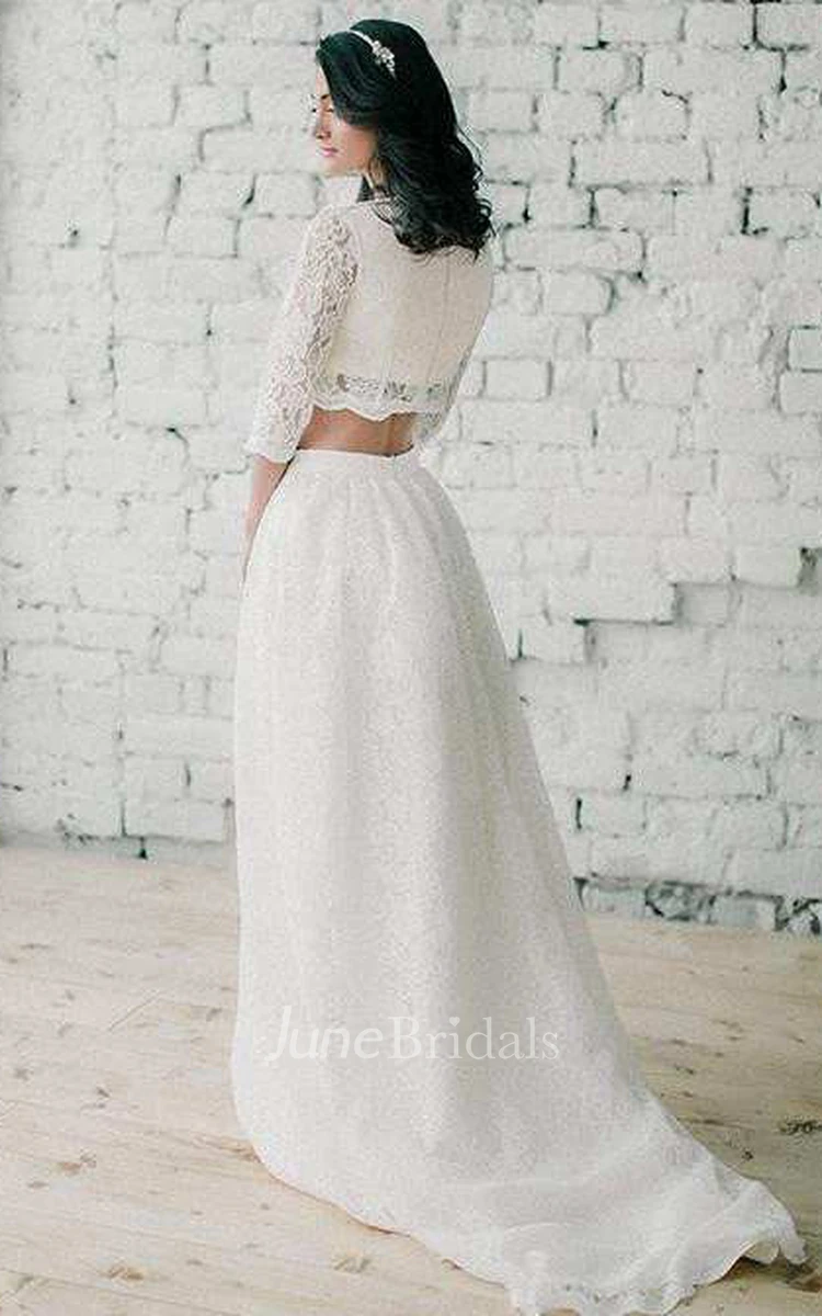 Jewel-Neck Lace 3-4-Sleeve Two-Piece A-Line Wedding Dress