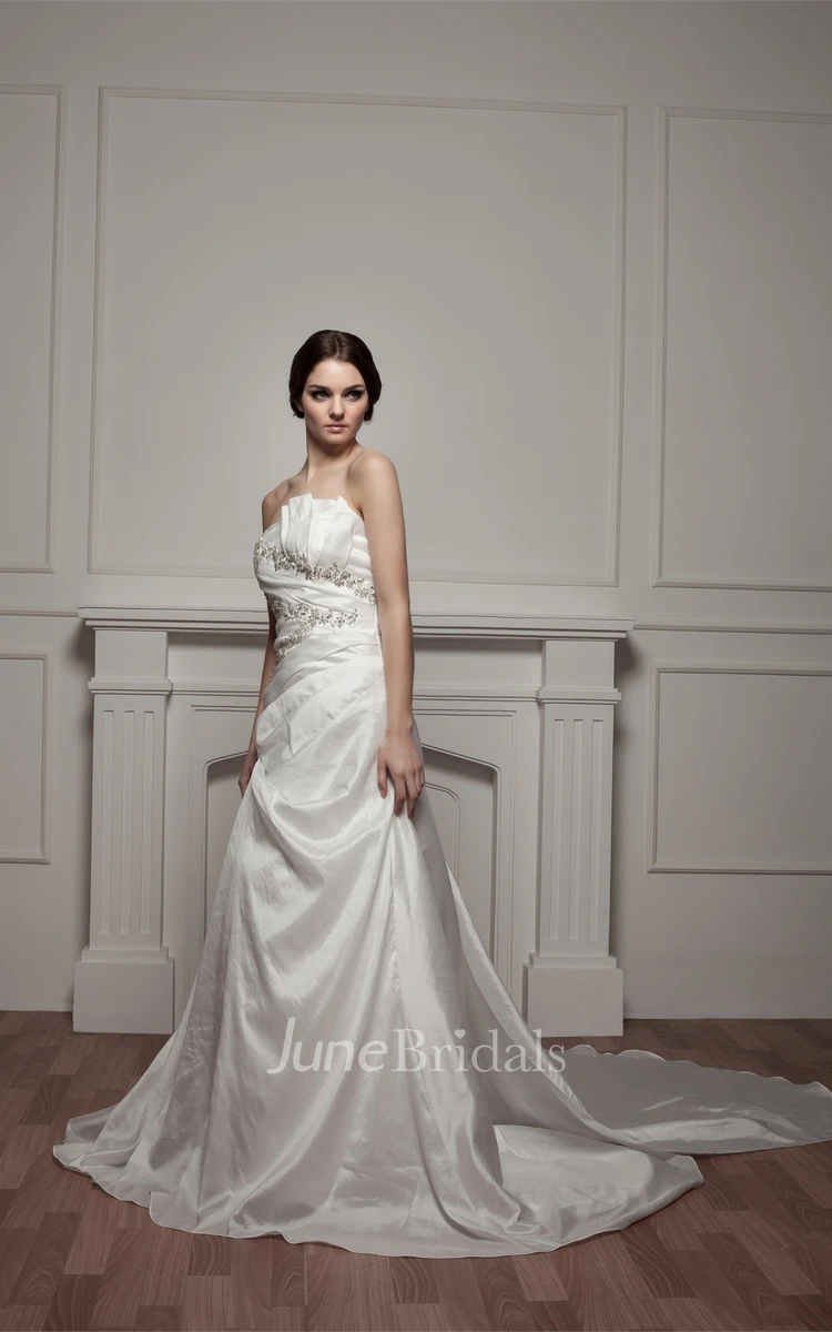 Strapless Taffeta A-Line Dress with Beading and Sweep Train