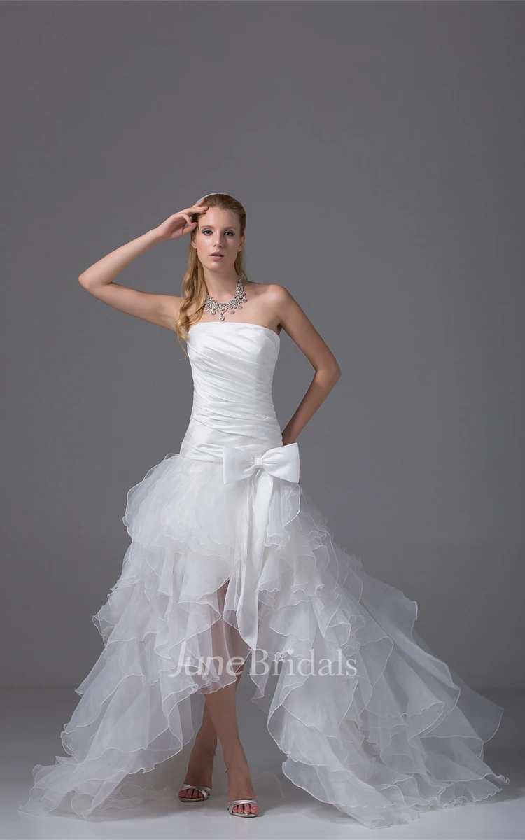 Strapless High-Low Ruffled Dress with Ruching and Bow