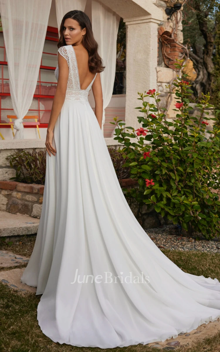 Lace A-Line V-neck Chiffon Country Bohemian Wedding Dress With Deep-V Back