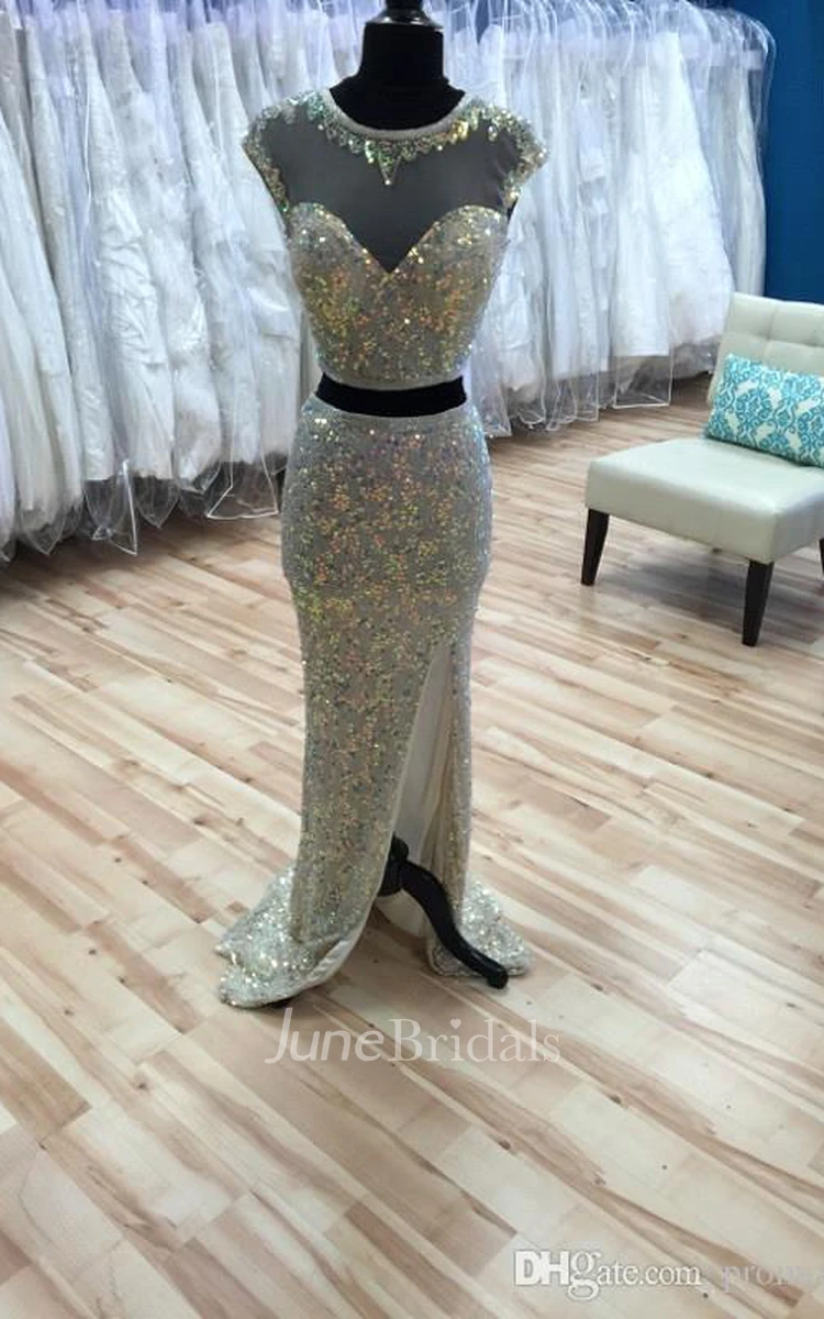 Glamorous Cap Sleeve Sequins Prom Dresses Two Pieces Slit Beadings