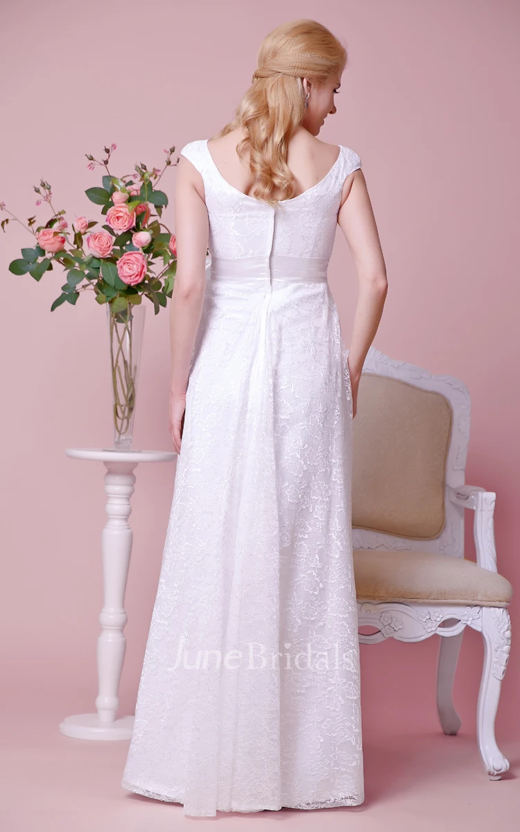Scoop Cap-sleeved Empire Lace Long Maternity Wedding Dress With Satin Bow