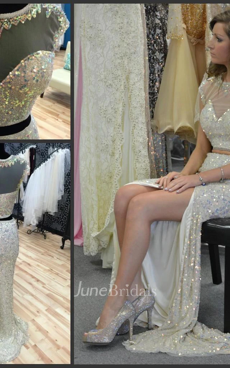 Glamorous Cap Sleeve Sequins Prom Dresses Two Pieces Slit Beadings