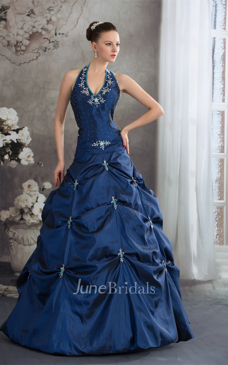 Plunged Pick-Up Ball Gown with Buckle and Crystal Detailing