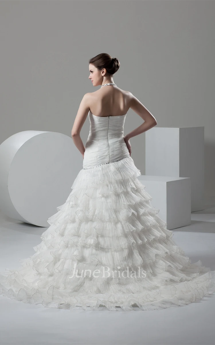 Sleeveless Ruched A-Line Dress with Beading and Tiers