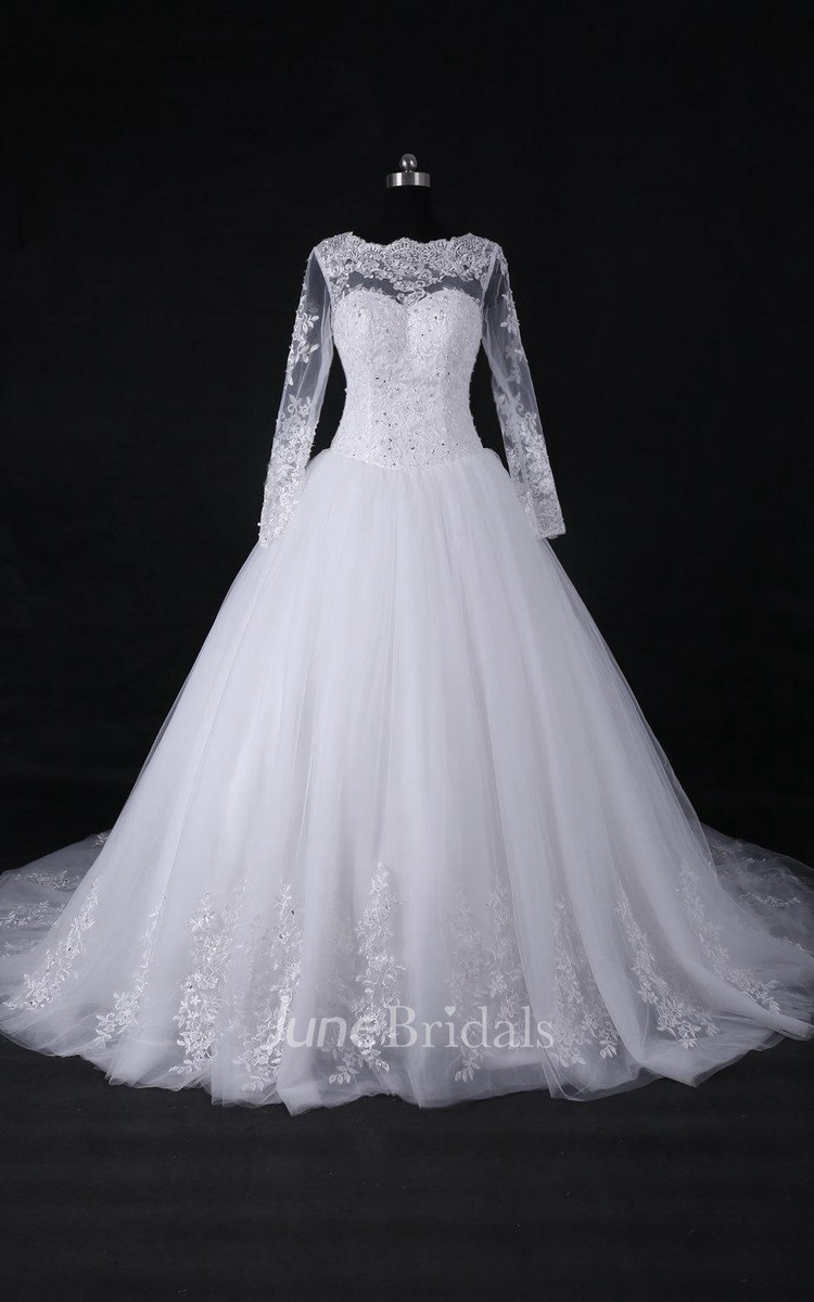 A-Line Ball Gown Long Sleeve Cathedral Train Tulle Lace Satin Dress - June  Bridals