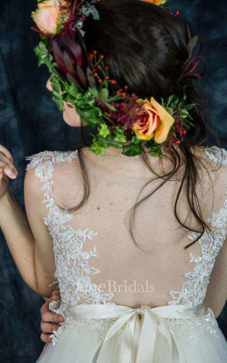Tulle Satin Beaded Sash Ribbon Lace Backless Zipper Wedding Dress