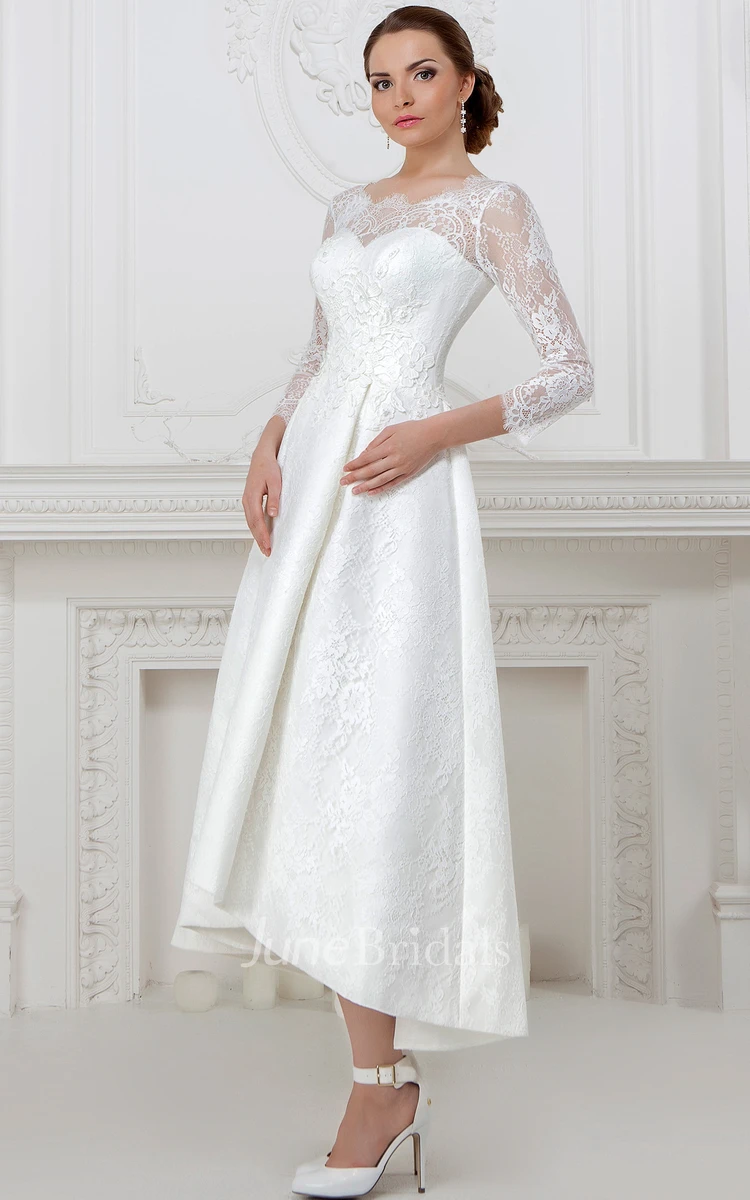 A-Line Long-Sleeve High-Low Scoop-Neck Lace Wedding Dress With Lace Up