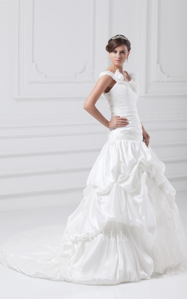 Caped-Sleeve Ruched Pick-Up Gown with Lace and Flower