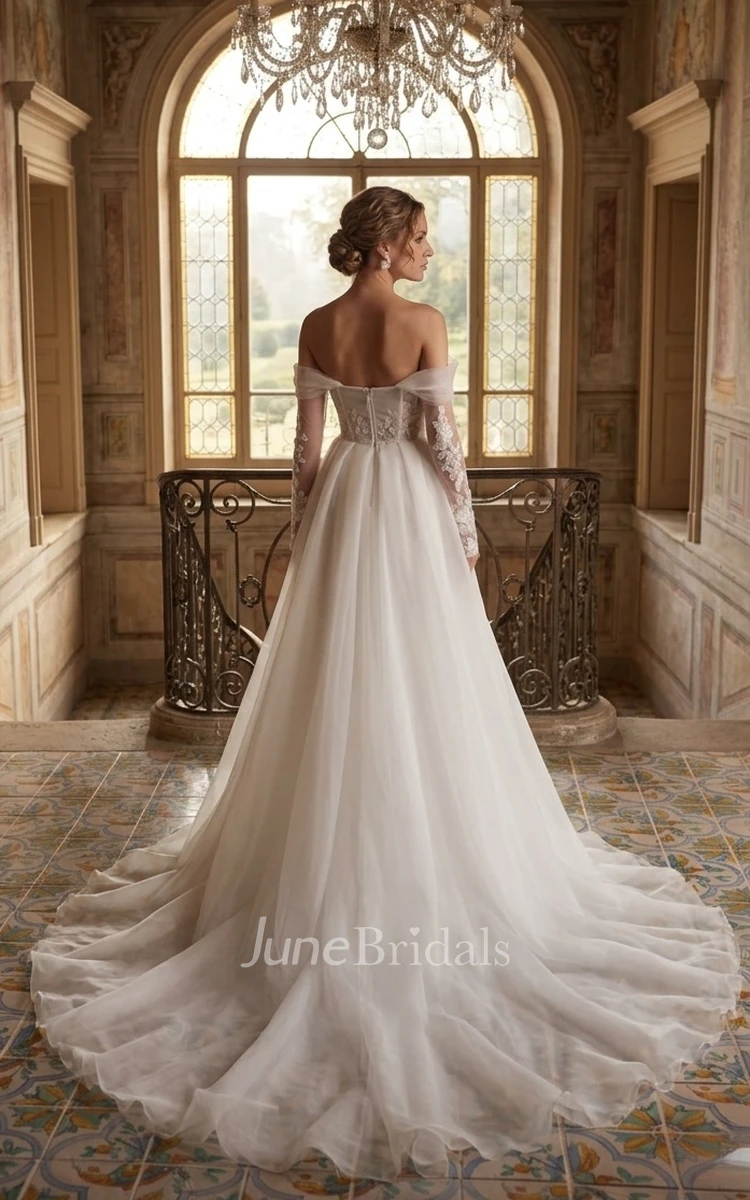 A-Line Off-the-shoulder Lace Chiffon Spring Wedding Dress Long Sleeve Appliques Open Back Bridal Gown with Train