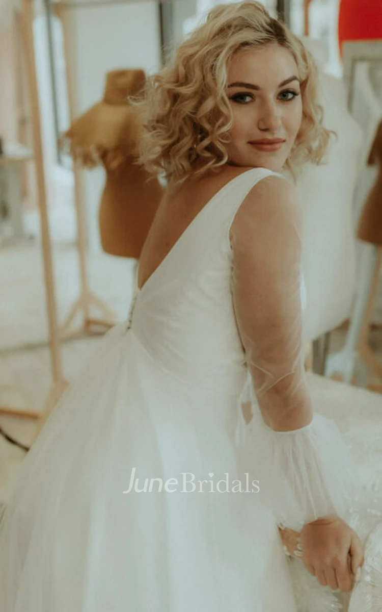 Simple A Line Tulle V-neck Bell Wedding Dress with Ruching