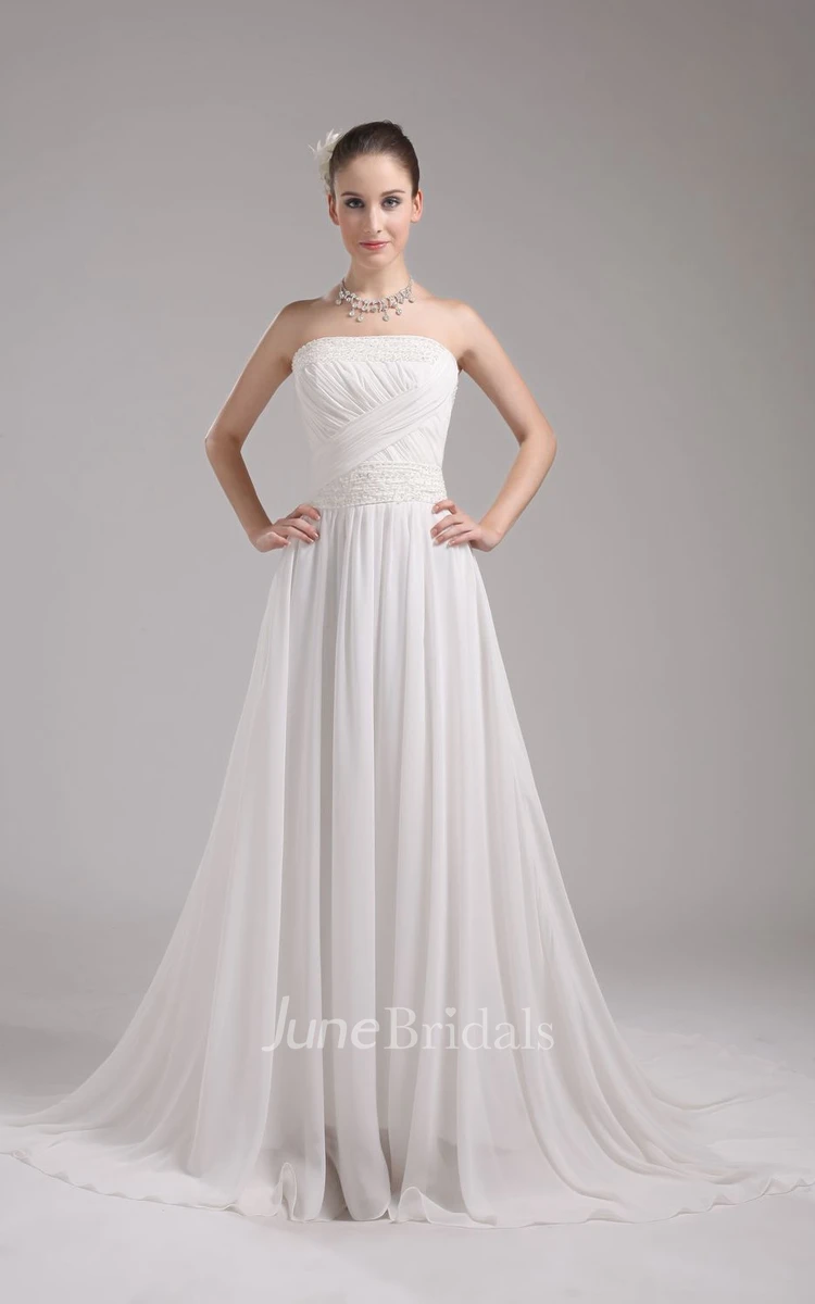 Ethereal Strapless Chiffon Maxi Dress With Ruching and Beading