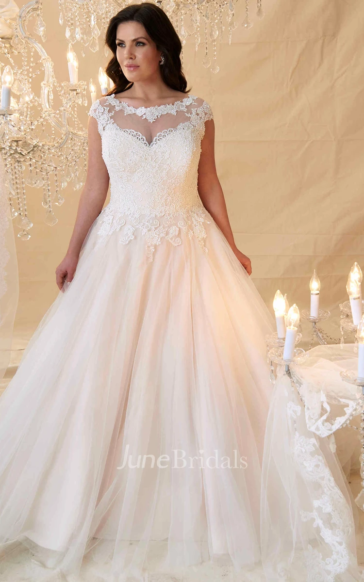 Ball Gown Cap-Sleeve Scoop-Neck Lace&Tulle Plus Size Wedding Dress With  Keyhole - June Bridals