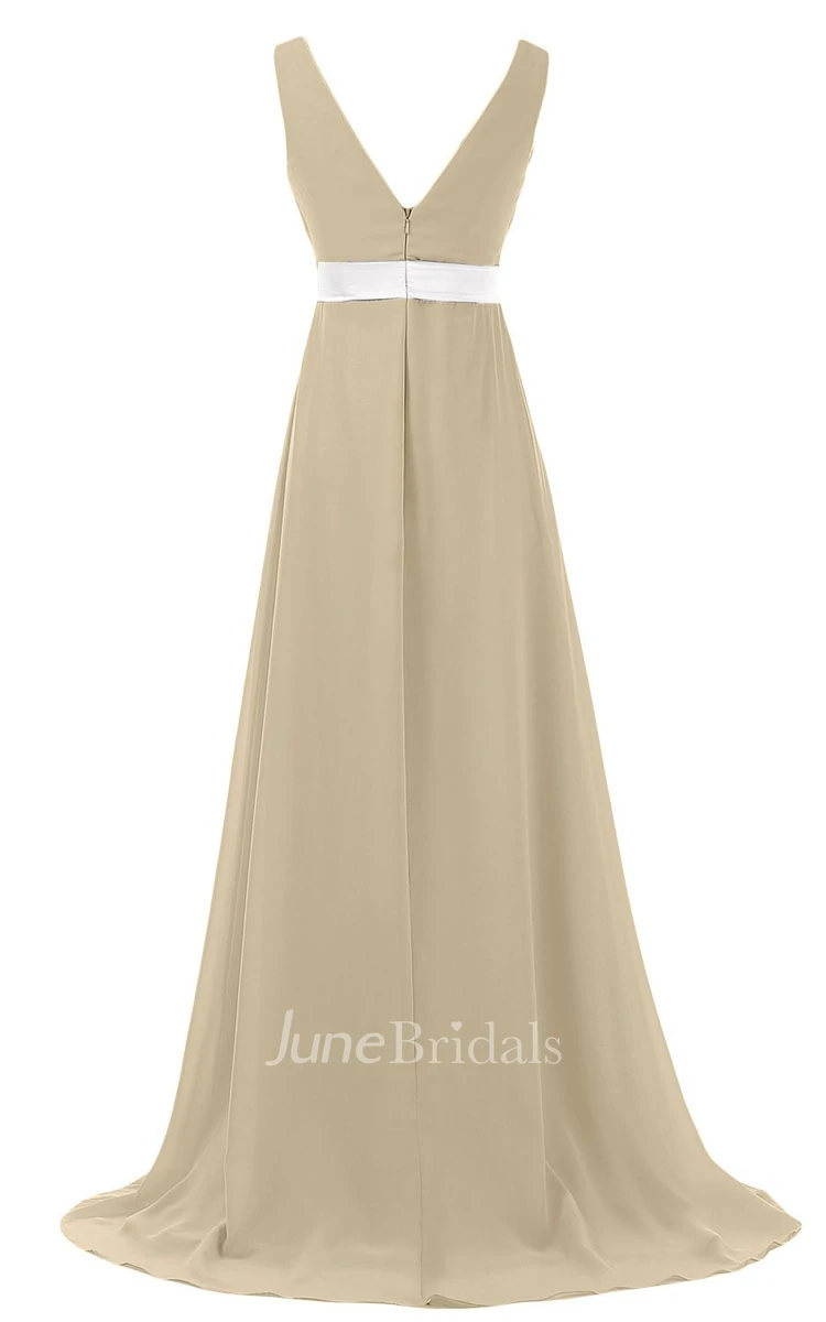V-neck Pleated Chiffon A-line Gown With Beaded Band