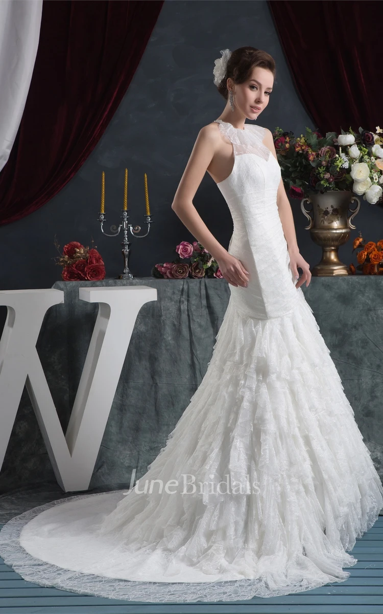 Sleeveless Mermaid Ruched Dress with Appliques and Cascading Ruffles