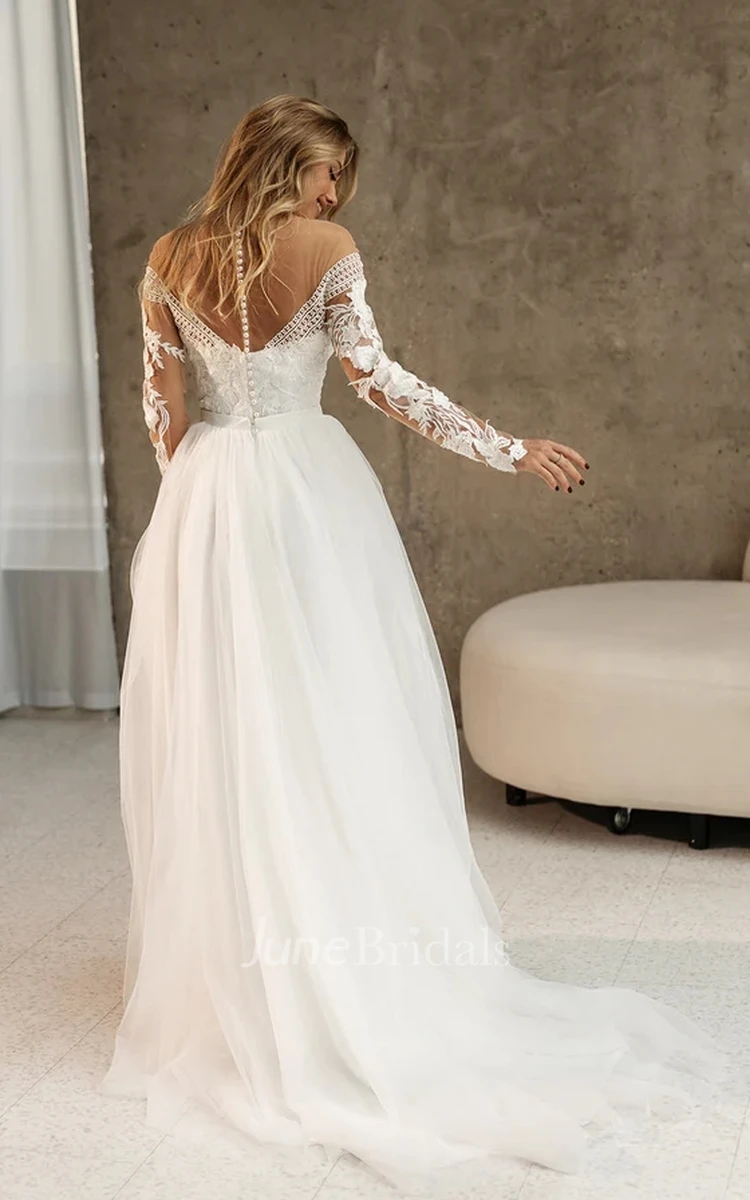 Bohemian A-Line Scalloped Marriage Dress Lace Tulle Brush Train Long Sleeve Button Beading