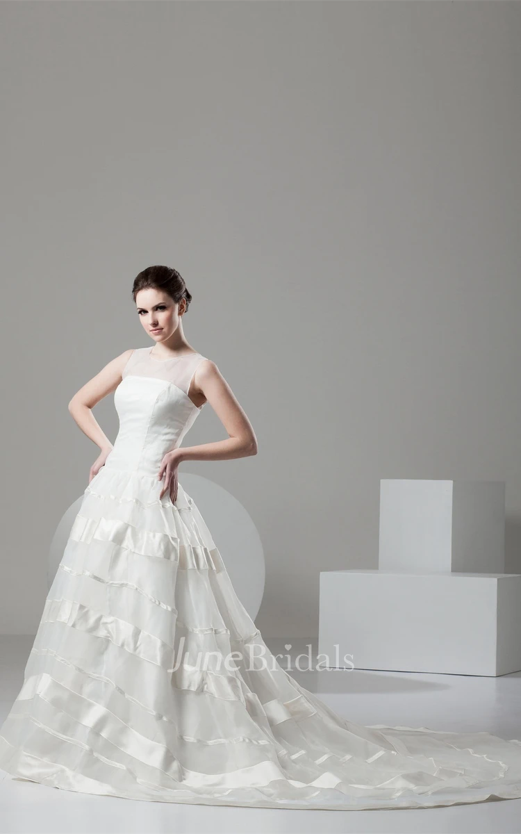 Sleeveless A-Line Gown with Illusion Neckline and Keyhole Back