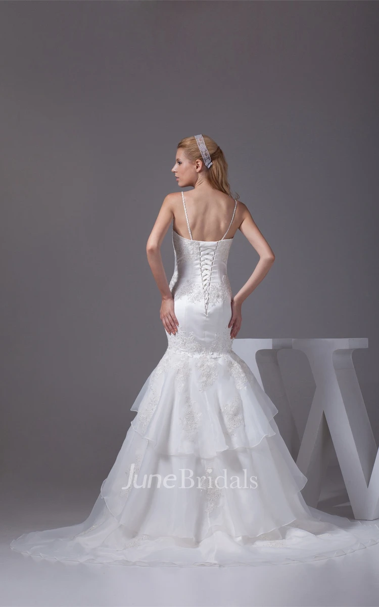 Spaghetti-Straps Mermaid Appliqued Dress with Tiers and Stress