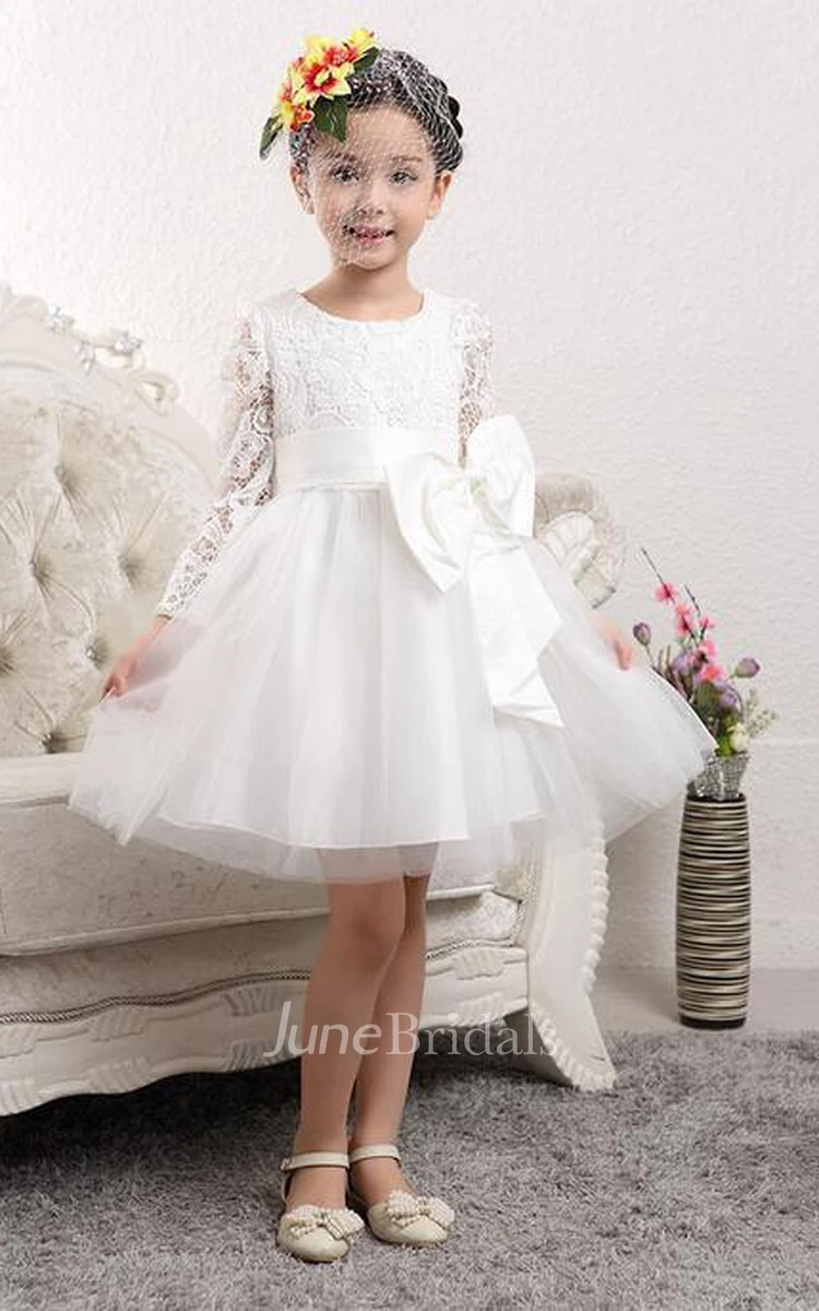 Lovely Tulle Lace Flower Girl Dress Bowknot Long Sleeve Zipper