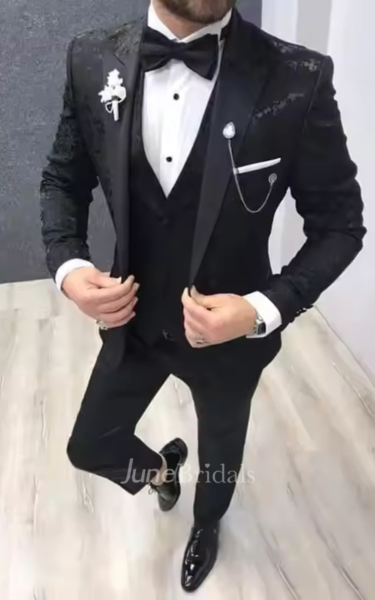 Classic Formal Three-Piece Tuxedo for Men Wedding Groom Formal Black Prom Suit Blazer Vest Pants Set