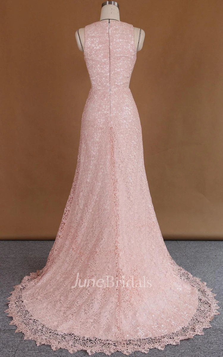 Nude Two Piece Lace Gown Detachable Train Netting Dress