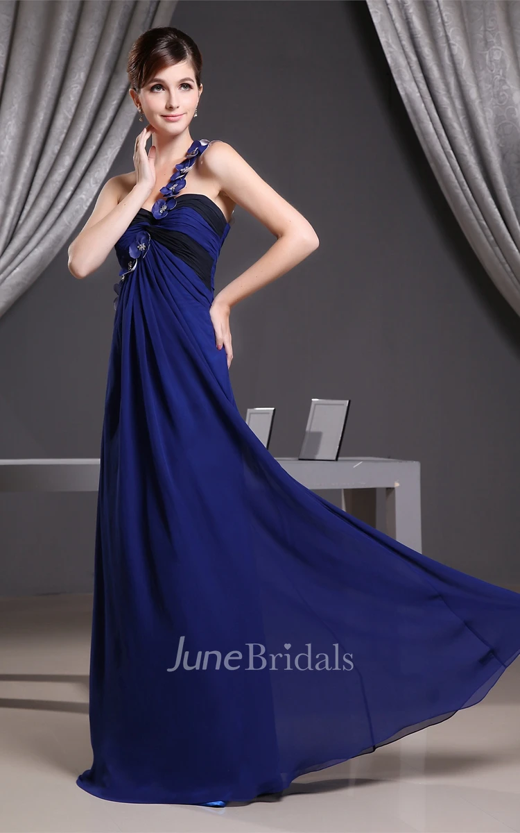 One-Shoulder Ruched Chiffon Floor-Length Dress with Flower