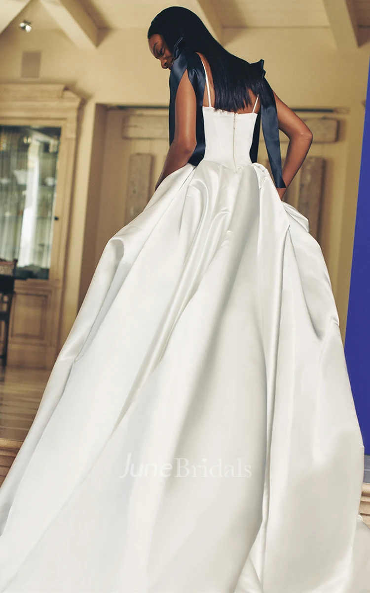Modern Modest A-Line Black Strap Ruched Wedding Dress Simple Formal Unique Stunning Square Neck Court Train Ball Gown