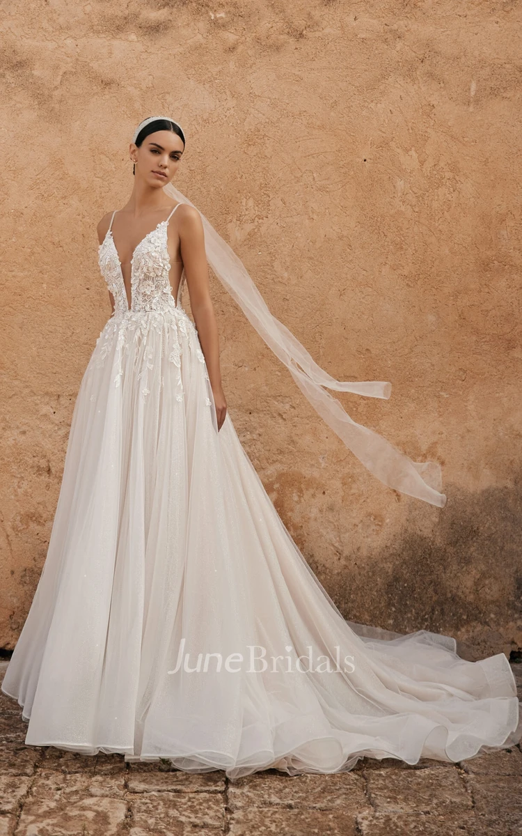 Sexy Spaghetti Strap Wedding Dress with Lace Applique Sequin Style Tulle Ruffle Court Train